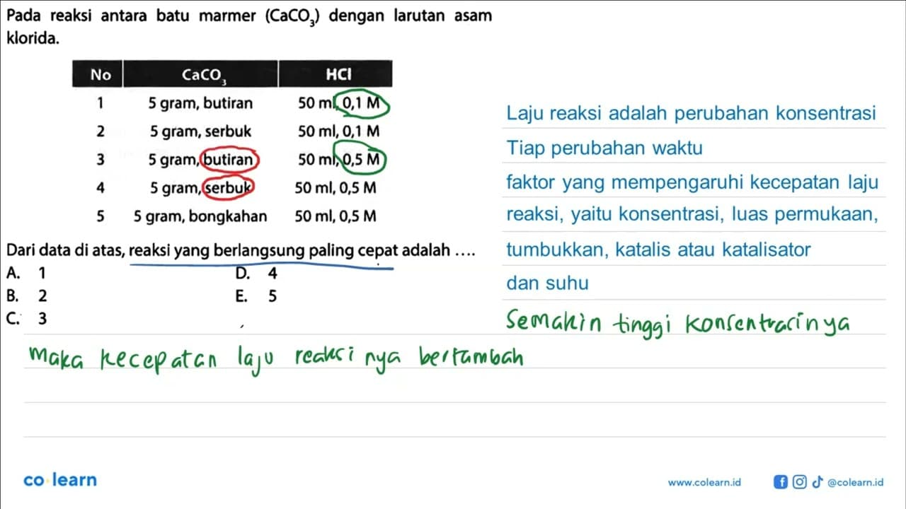 Pada reaksi antara batu marmer (CaCO3) dengan larutan asam