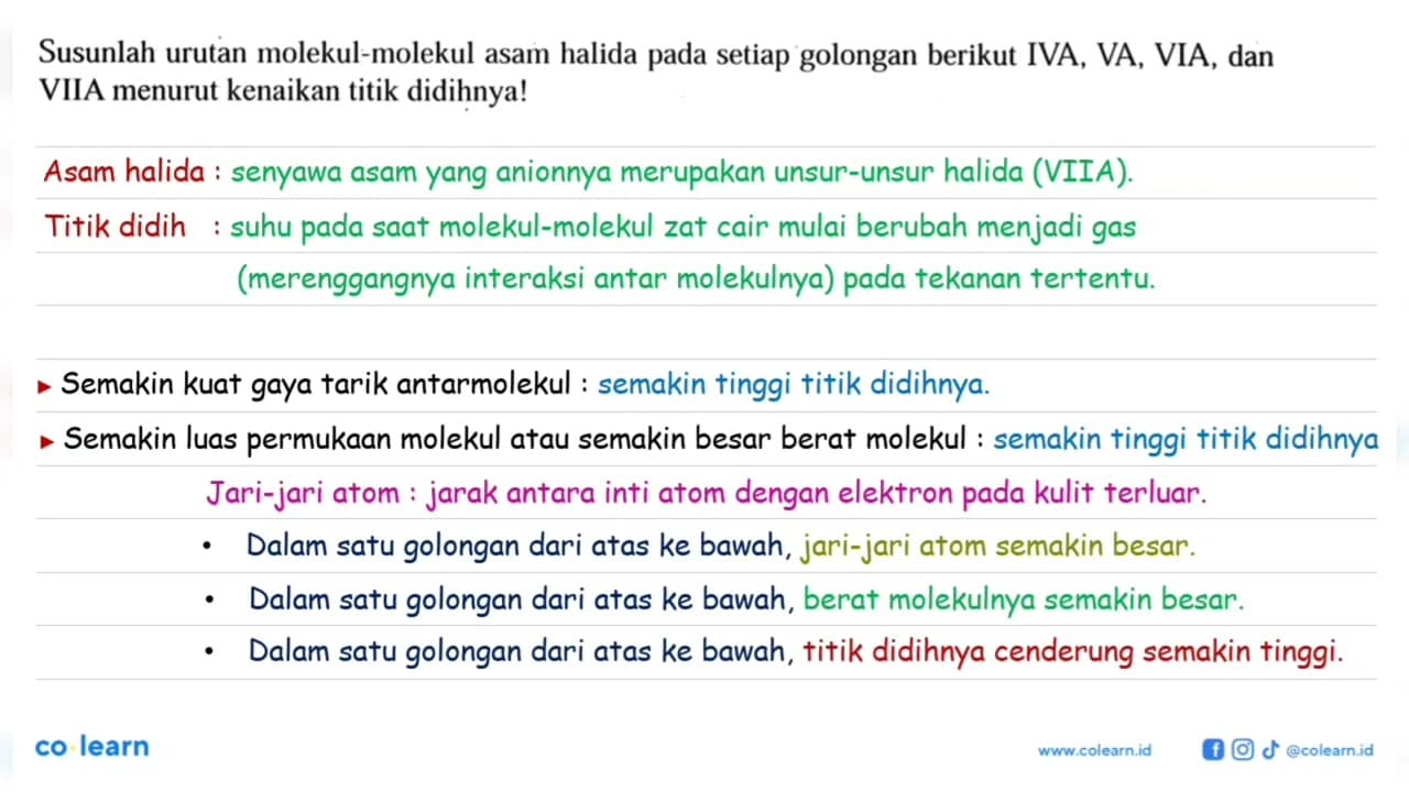 Susunlah urutan molekul-molekul asam halida pada setiap