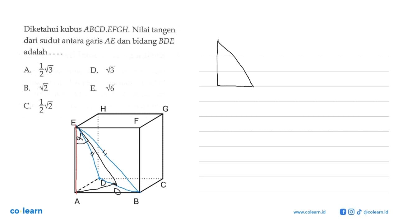 Diketahui kubus ABCD.EFGH. Nilai tangen dari sudut antara