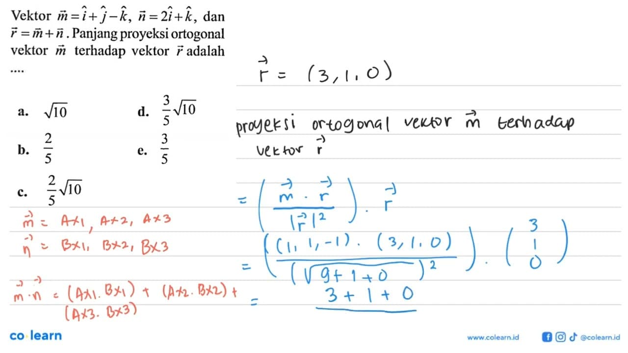 Vektor m=i+j-k, n=2i+k, dan r=m+n. Panjang proyeksi