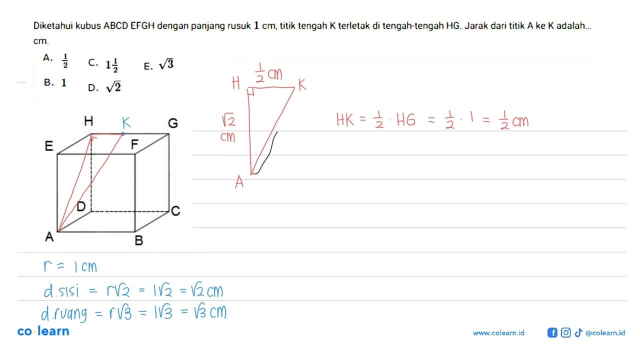 Diketahui kubus ABCD.EFGH dengan panjang rusuk 1 cm, titik