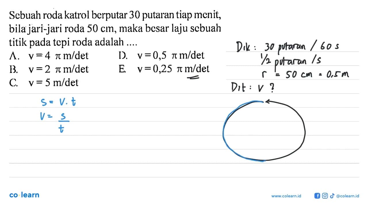 Scbuah roda katrol berputar 30 putaran tiap menit, bila