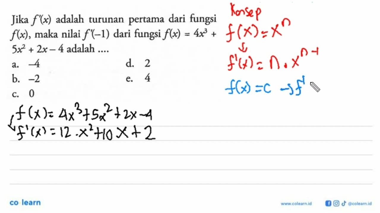 Jika f'(x) adalah turunan pertama dari fungsi f(x), maka