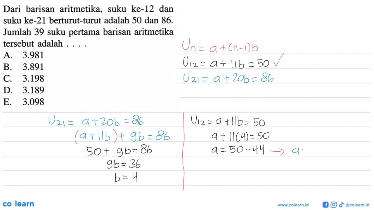 Dari barisan aritmetika, suku ke-12 dan suku ke-21