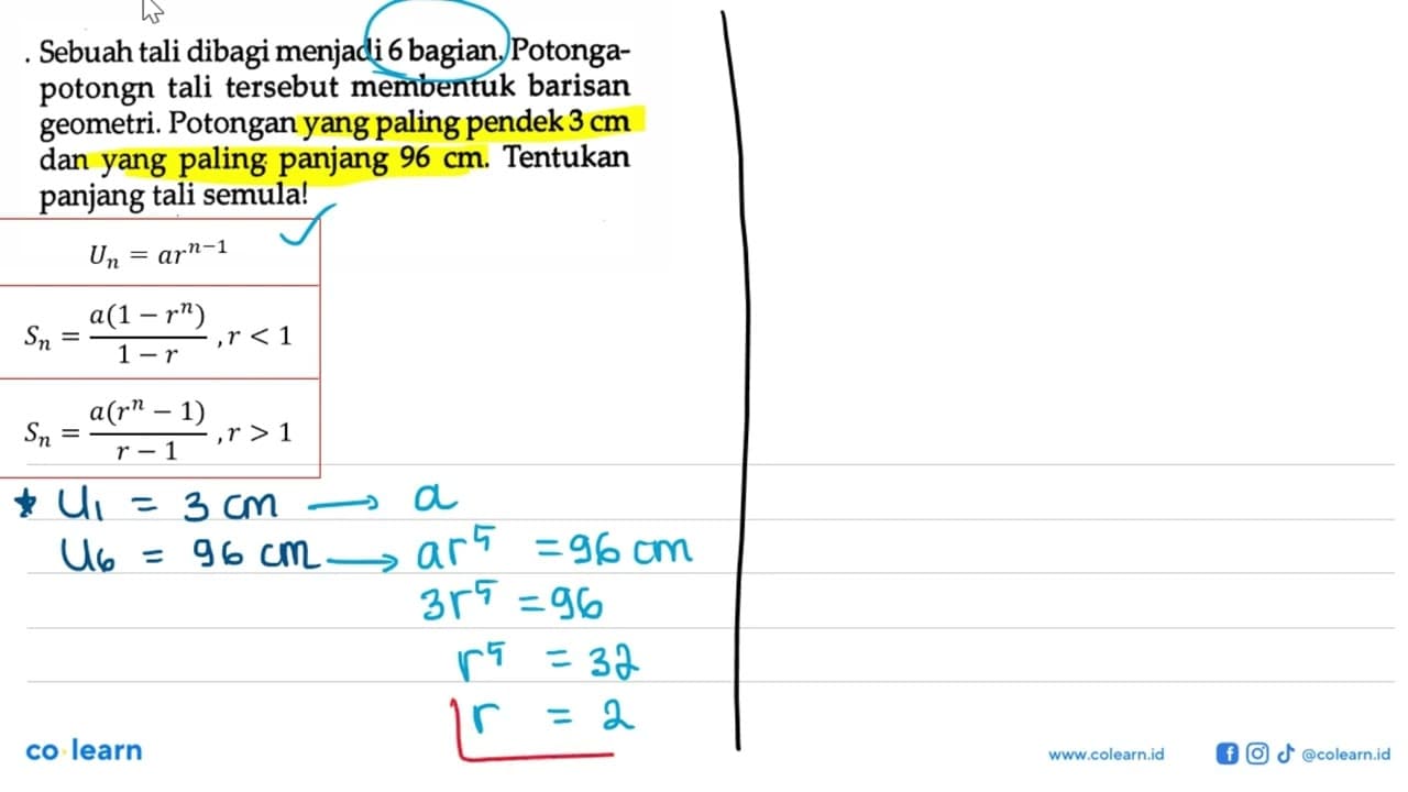 Sebuah tali dibagi menjadi 6 bagian. Potongan - potongan