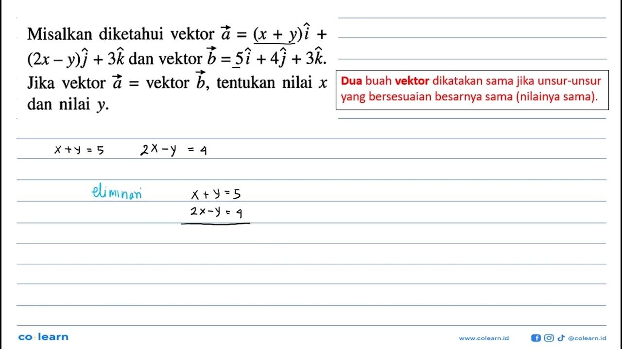 Misalkan diketahui vektor a=(x+y)i+(2x-y)j+3k dan vektor