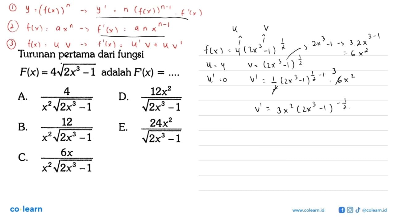 Turunan pertama dari fungsi F(x)=4 akar(2x^3-1) adalah