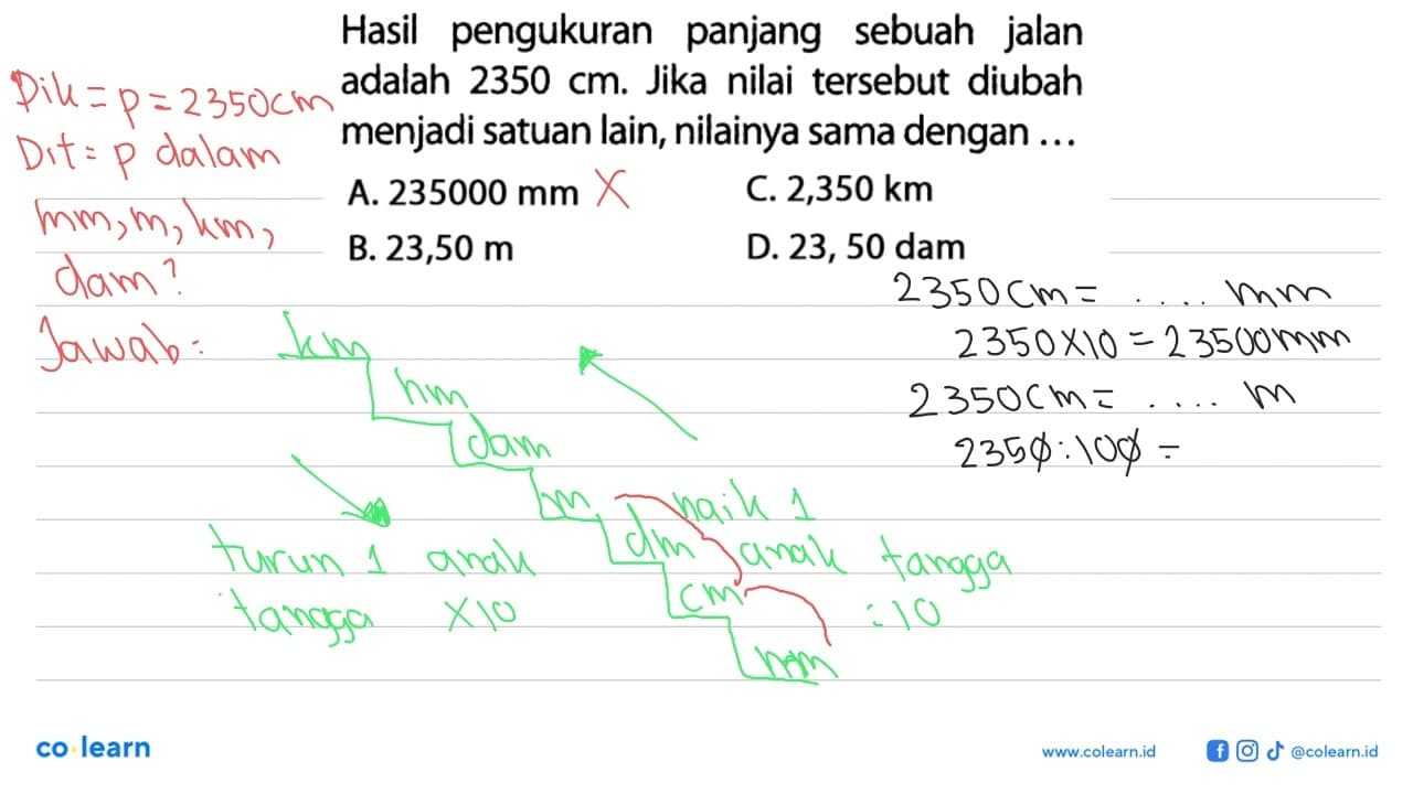 Hasil pengukuran panjang sebuah jalan adalah 2350 cm. Jika