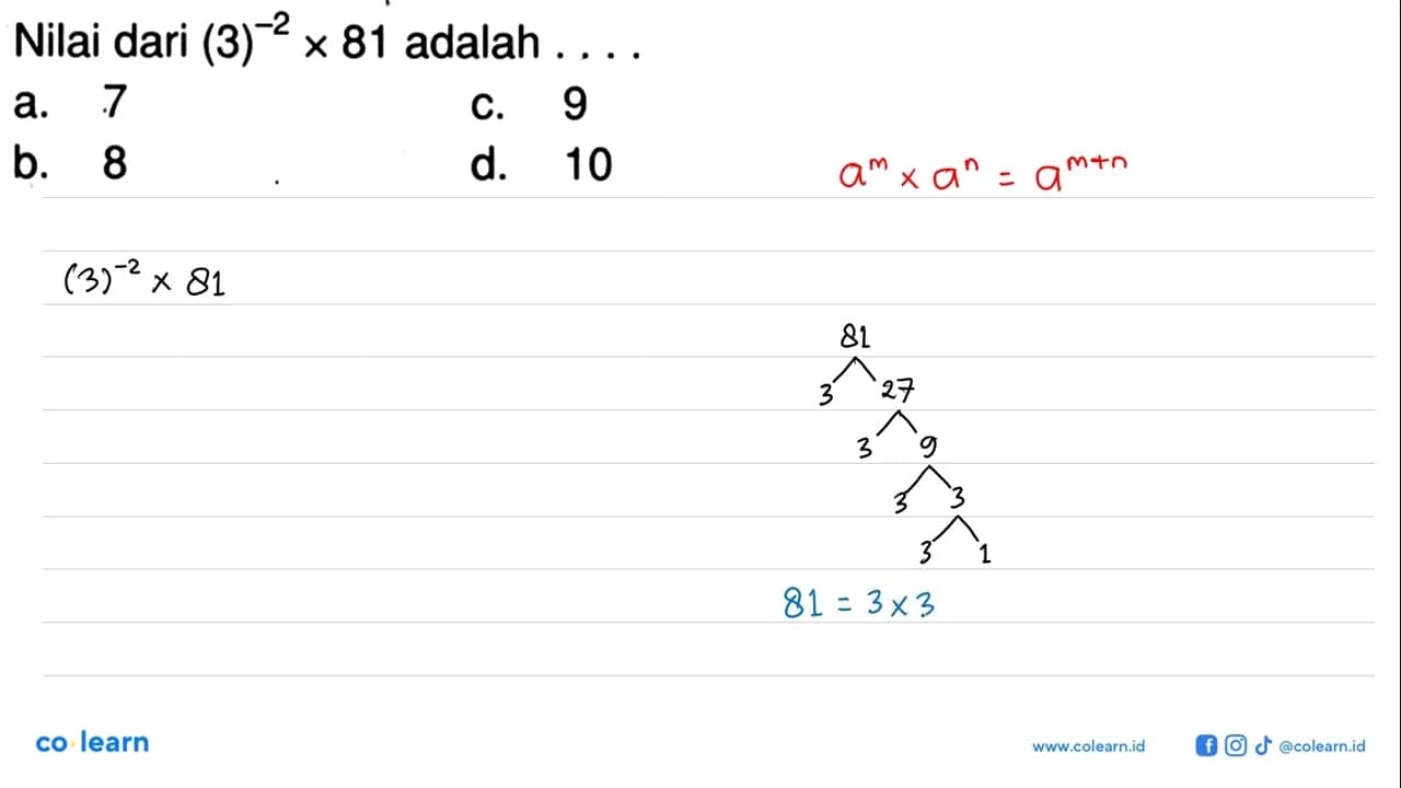 Nilai dari (3)^(-2)x81 adalah....