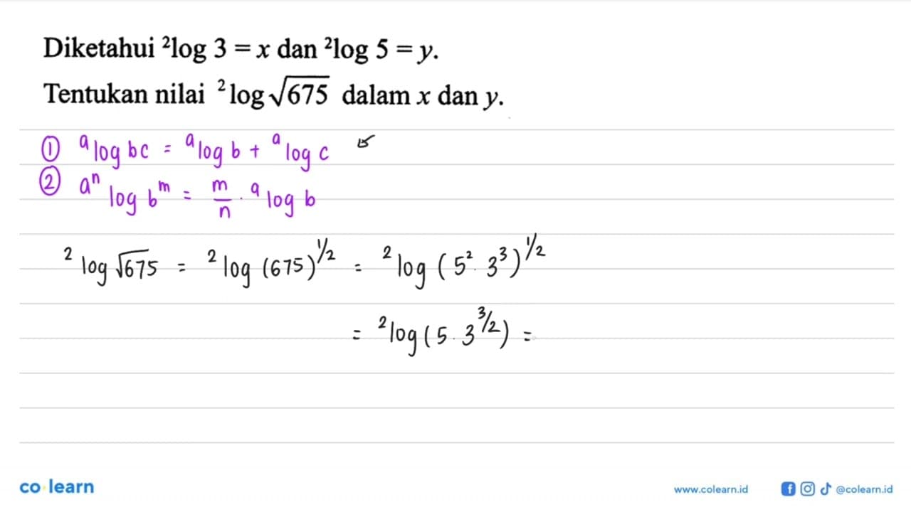 Diketahui 2log3=x dan 2log5=y. Tentukan nilai 2log