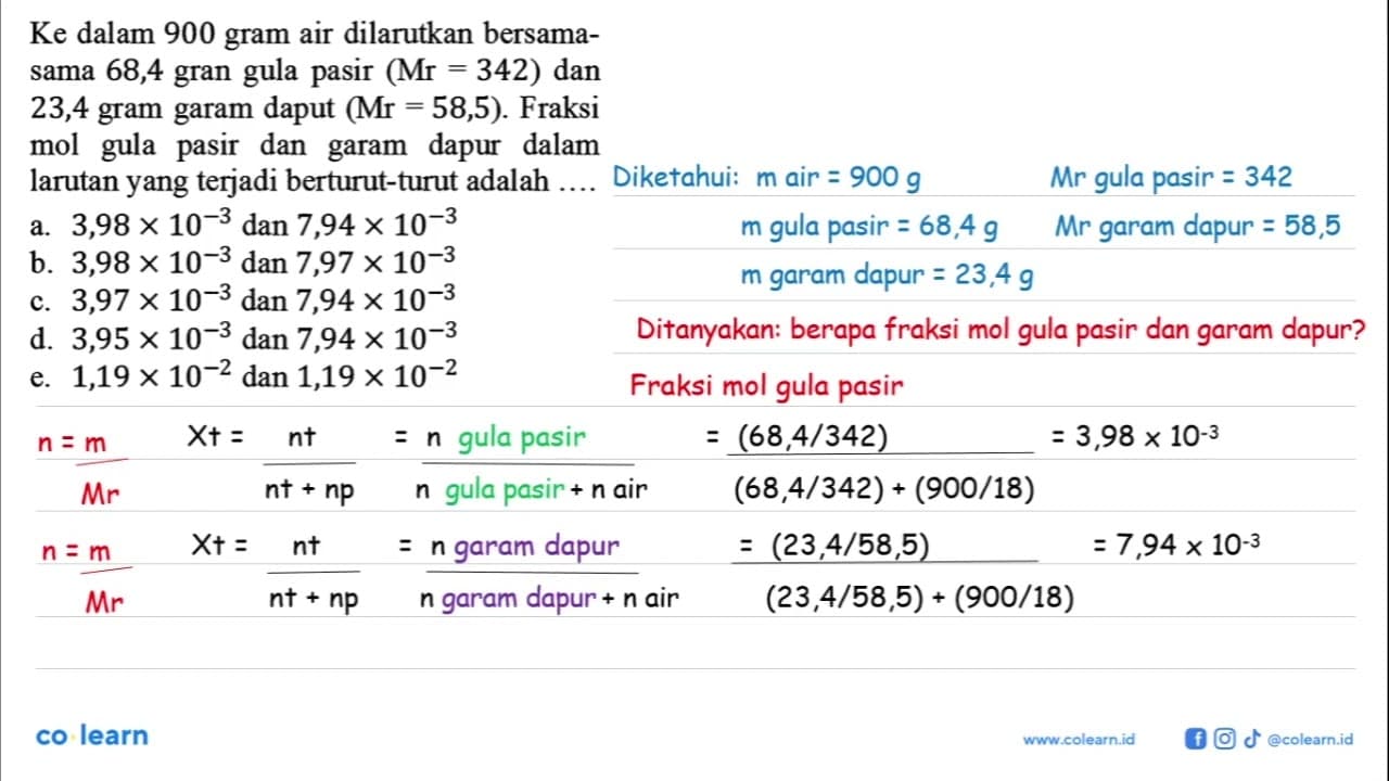 Ke dalam 900 gram air dilarutkan bersamasama 68,4 gran gula