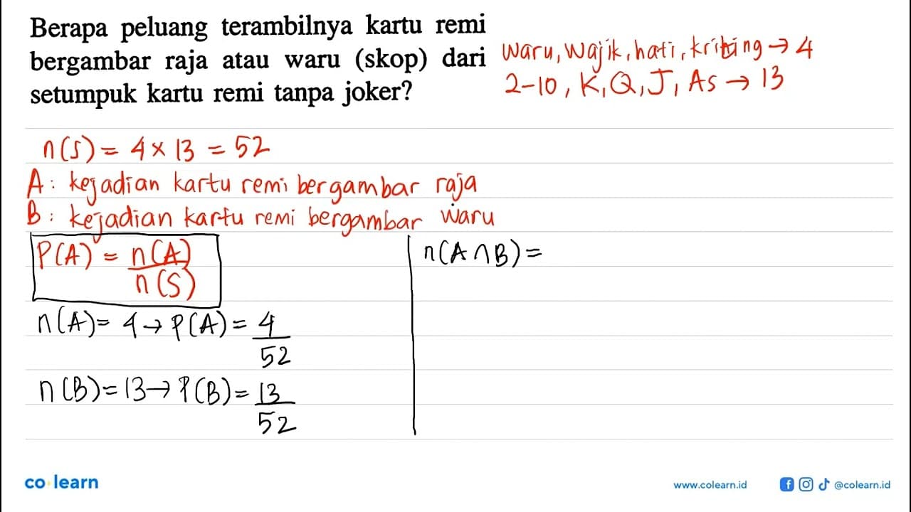 Berapa peluang terambilnya kartu remi bergambar raja atau