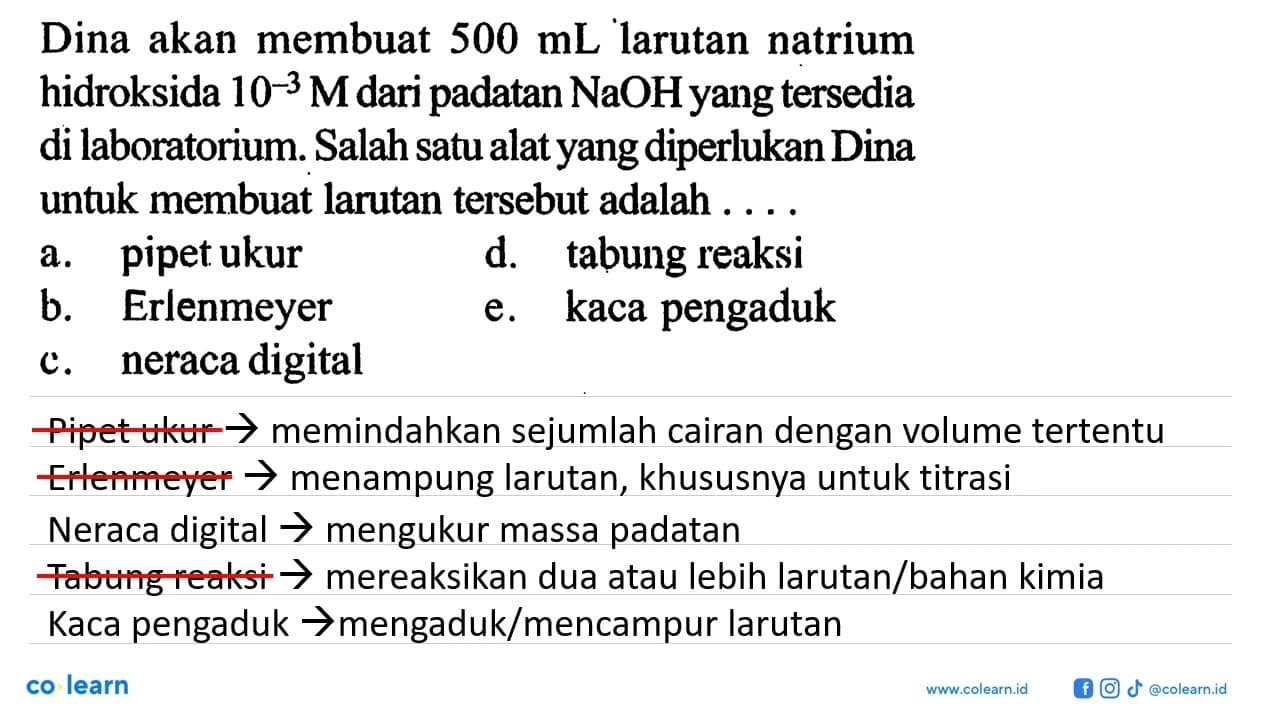 Dina akan membuat 500 mL larutan natrium hidroksida 10^(-3)