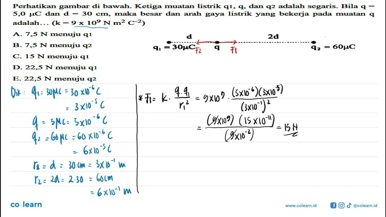 Perhatikan gambar di bawah. d 2d q1=30 mu C q q2=60 mu C