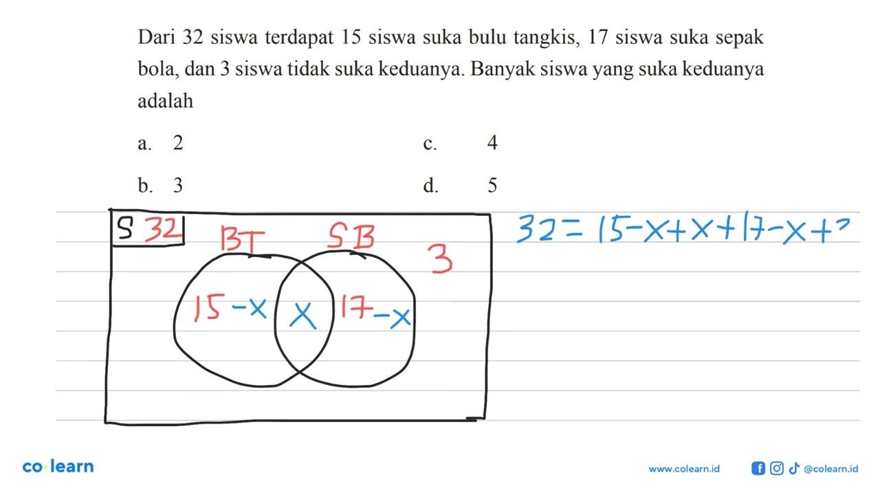 Dari 32 siswa terdapat 15 siswa suka bulu tangkis, 17 siswa