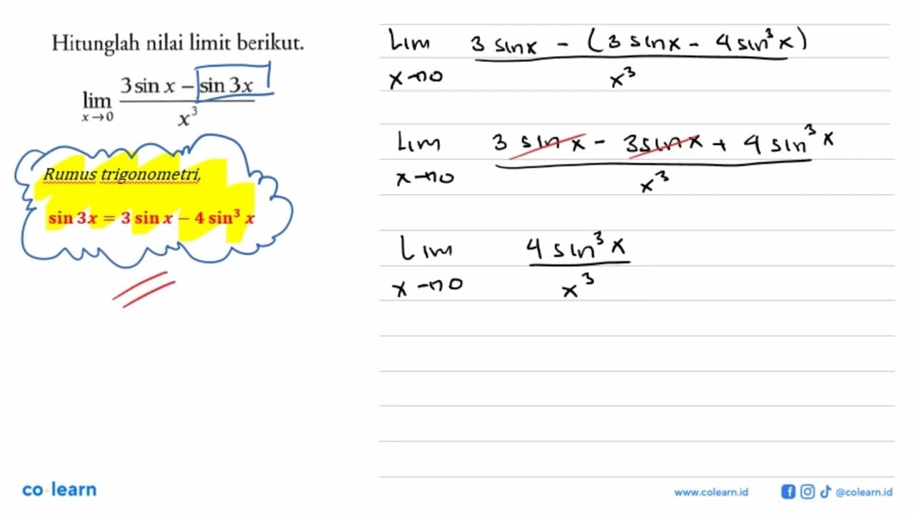 Hitunglah nilai limit berikut. lim x->0 (3 sin x-sin