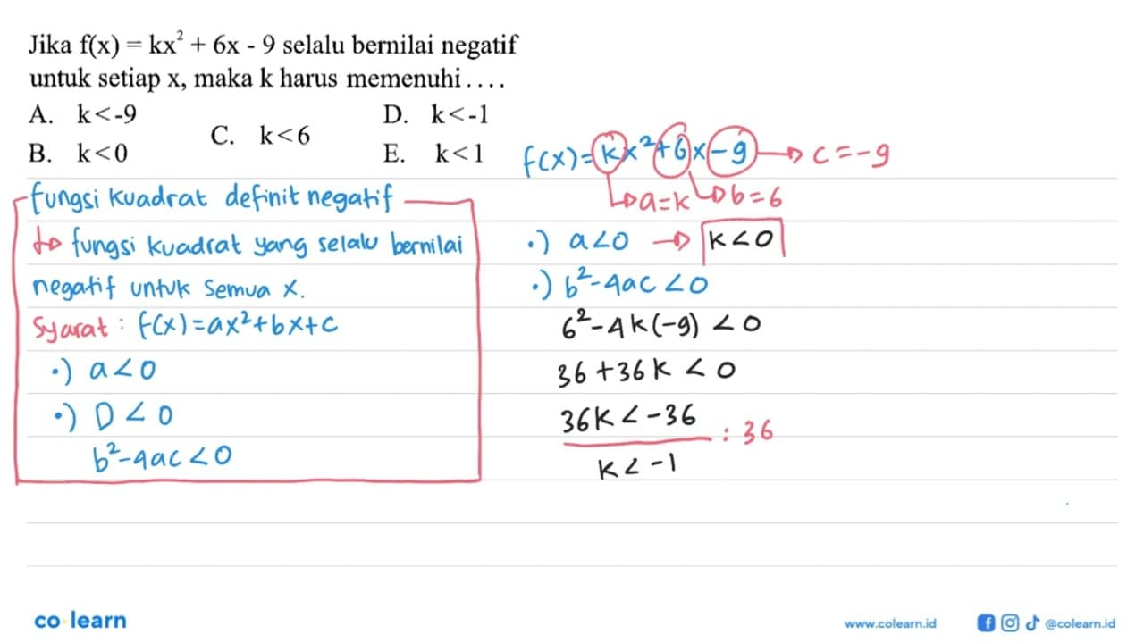 Jika f(x)=kx^2+6x-9 selalu bernilai negatif untuk setiap x,