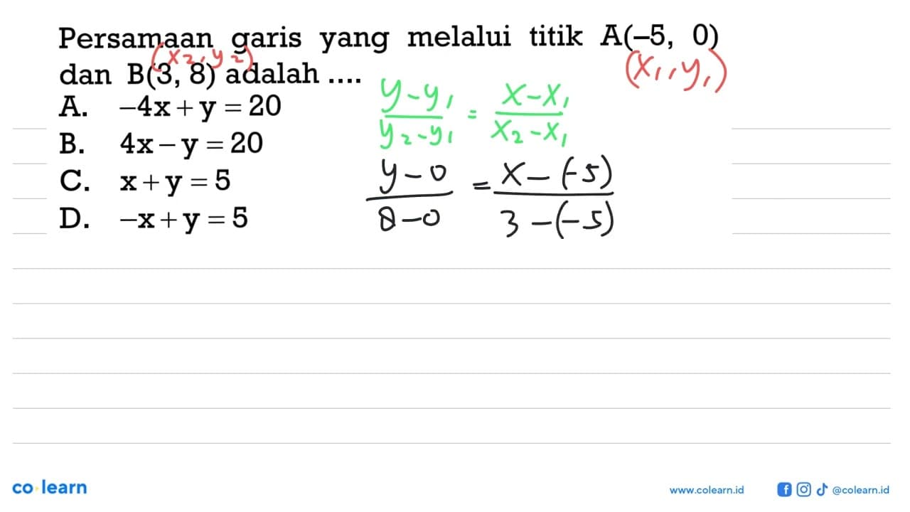 Persamaan garis yang melalui titik A(-5, 0) dan B(3, 8)