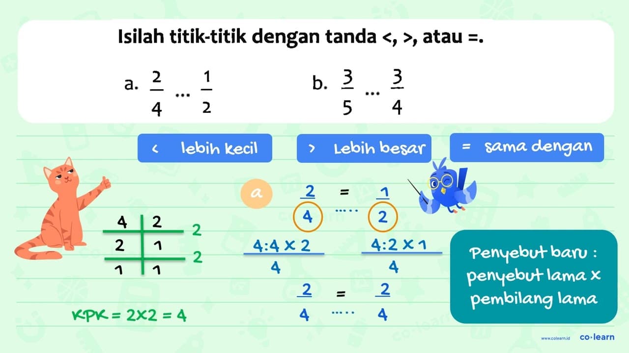 Isilah titik-titik dengan tanda <, >, atau = a. 2/4 1/2 b.