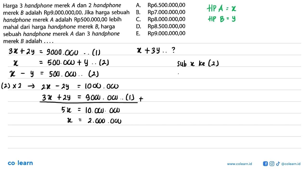 Harga 3 handphone merek A dan 2 handphone merek B adalah