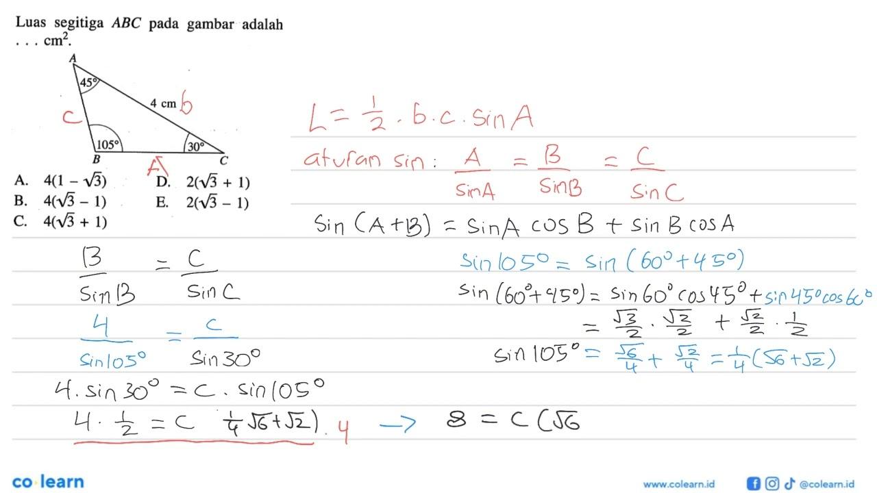 Luas segitiga ABC pada gambar adalah .... cm^2