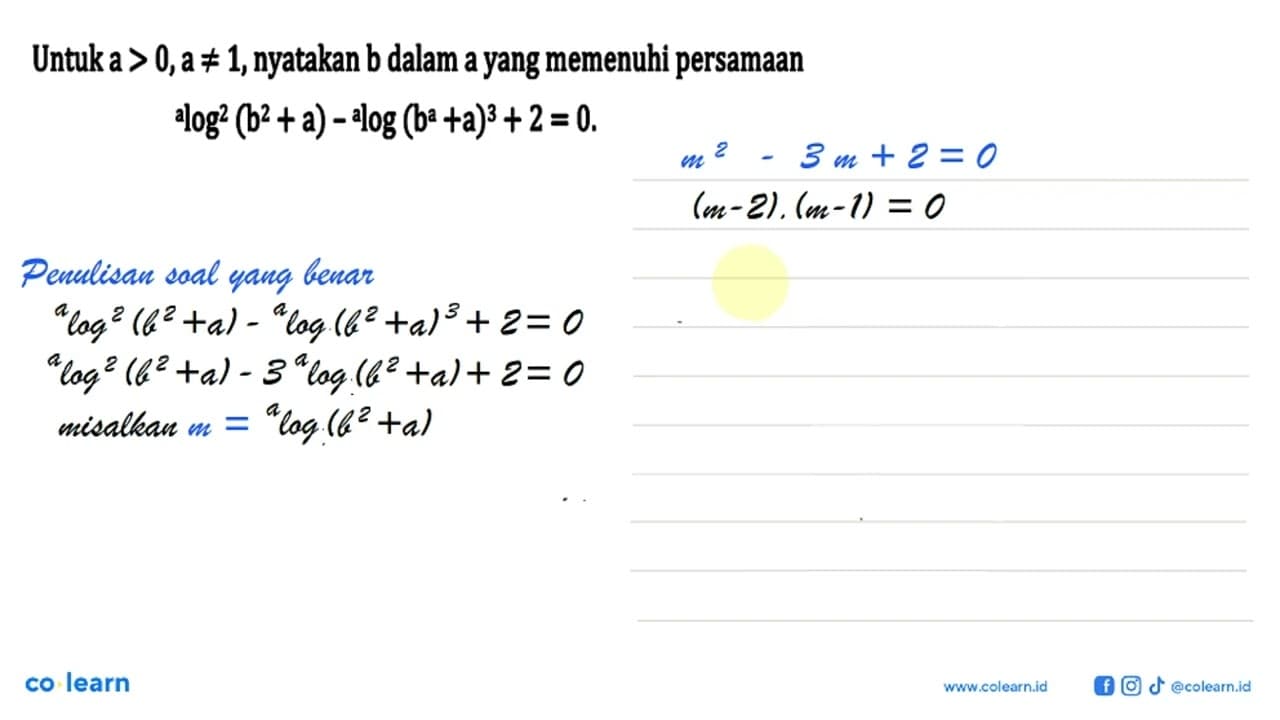 Untuk a > 0, a =/= 1, nyatakan b dalam a yang memenuhi