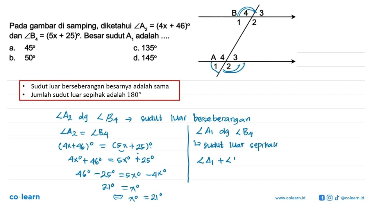 Pada gambar di samping, diketahui sudut A2=(4x+46) dan