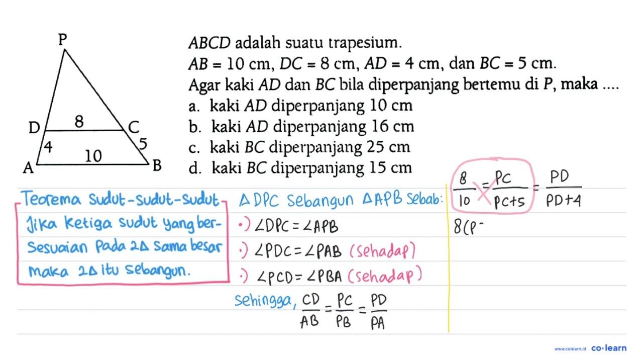 A B C D P 8 4 10 5 ABCD adalah suatu trapesium. AB = 10 cm,