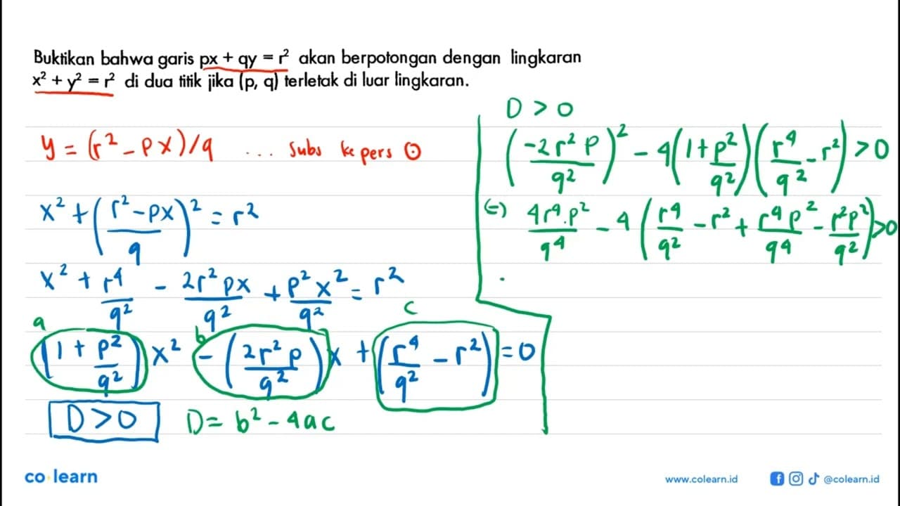 Buktikan bahwa garis px+qy=r^2 akan berpotongan dengan