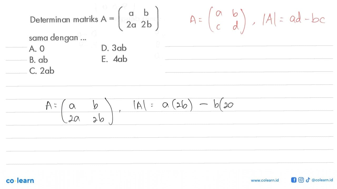 Determinan matriks A = (a b 2a 2b) sama dengan