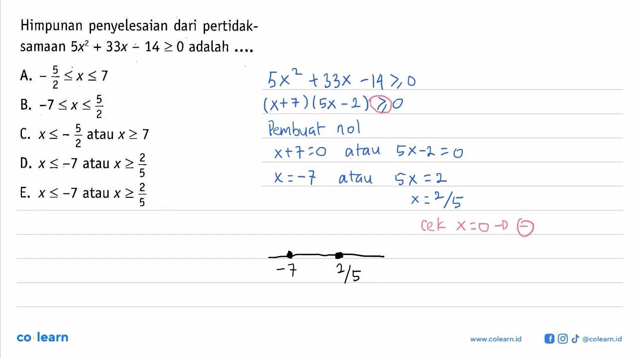 Himpunan penyelesaian dari pertidaksamaan 5x^2+33x-14>=0