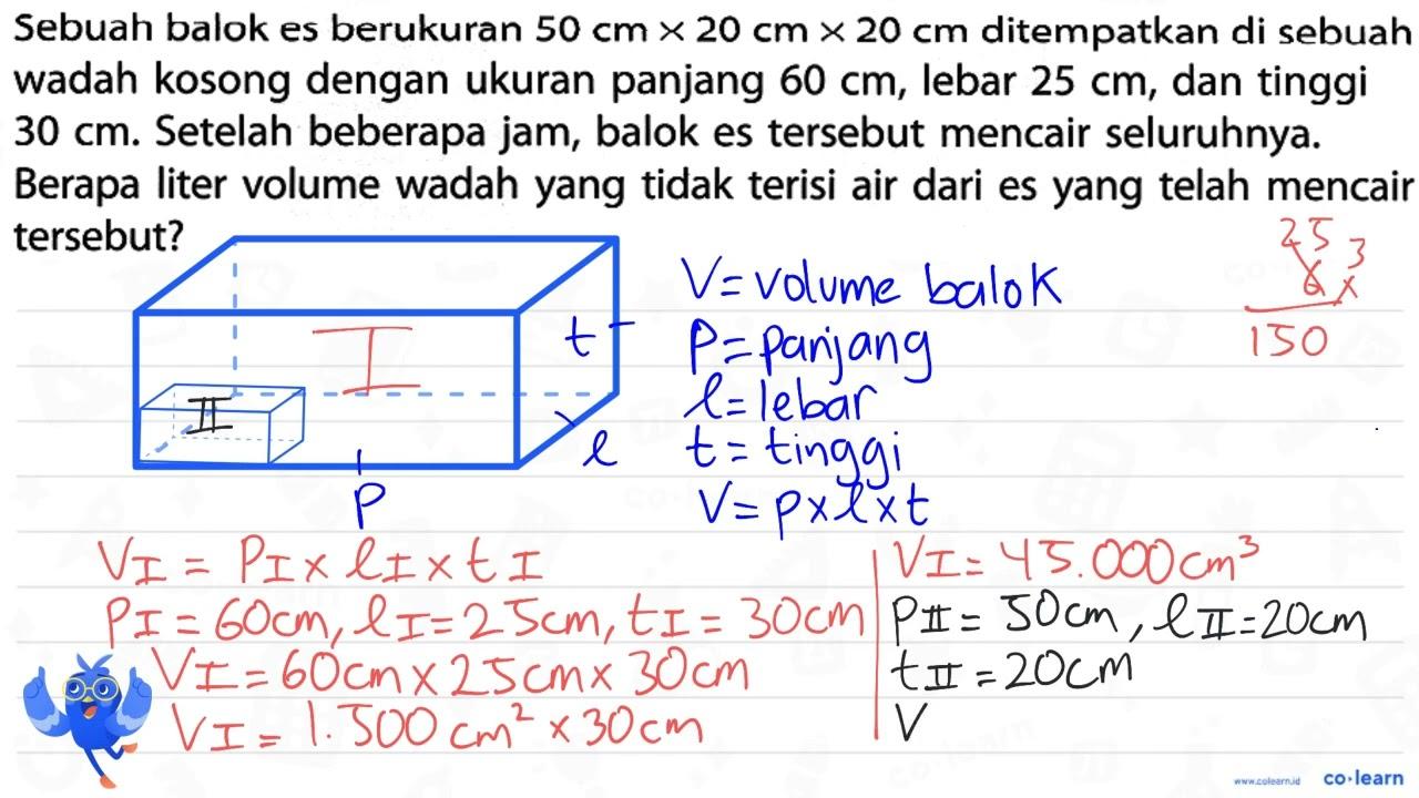 Sebuah balok es berukuran 50 cm x 20 cm x 20 cm ditempatkan