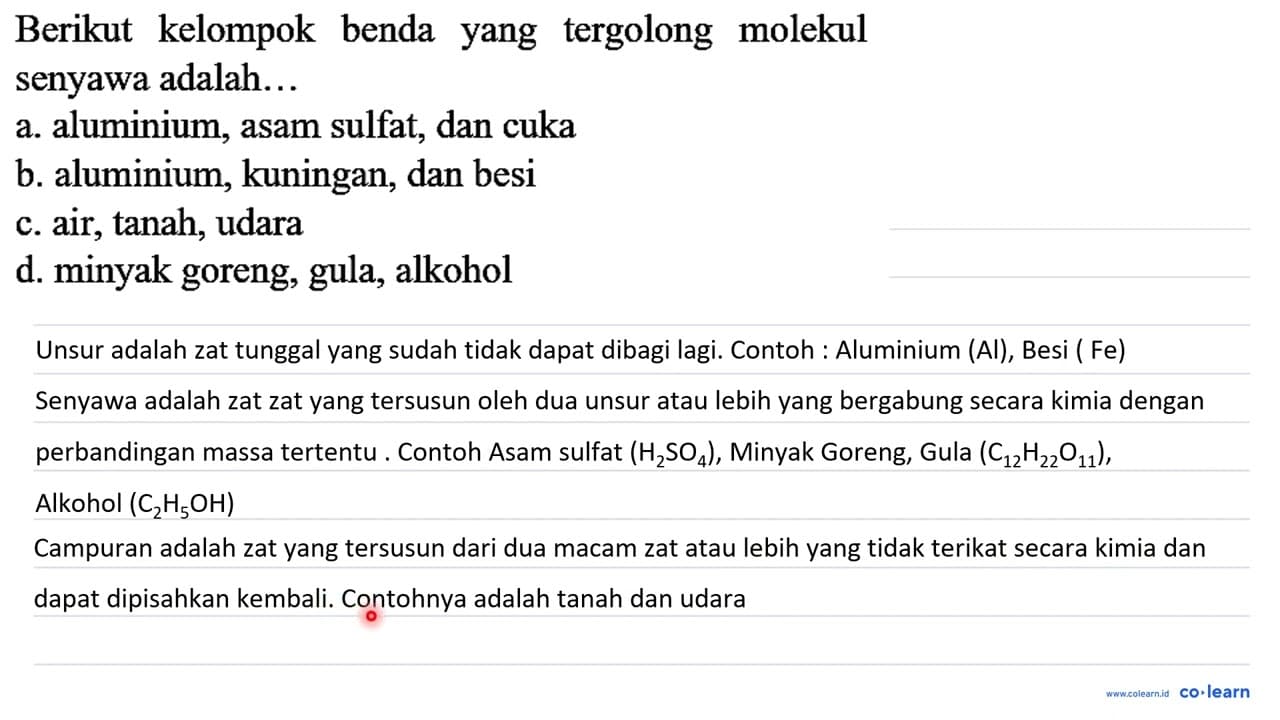 Berikut kelompok benda yang tergolong molekul senyawa