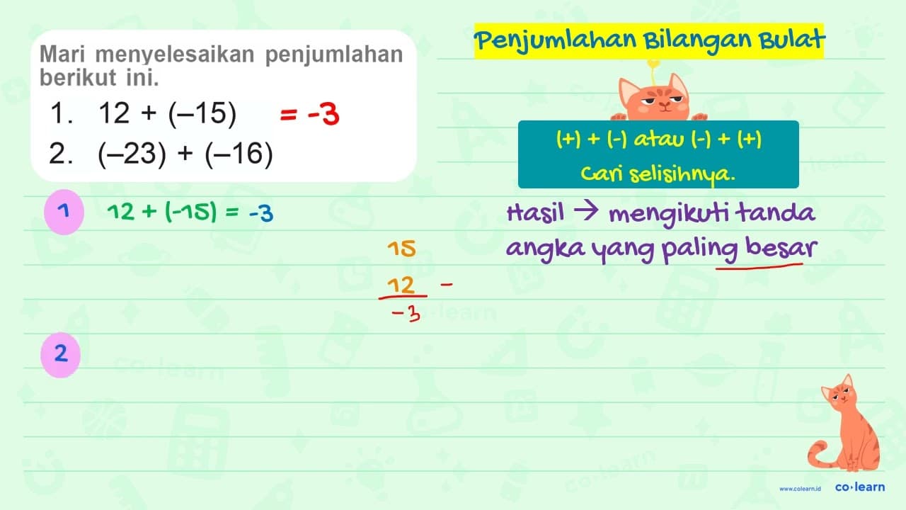 Mari menyelesaikan penjumlahan berikut ini. 1. 12+(-15) 2.