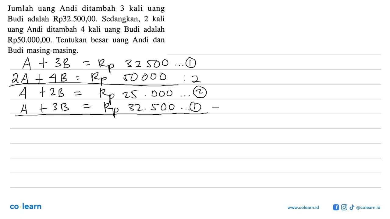 Jumlah uang Andi ditambah 3 kali uang Budi adalah