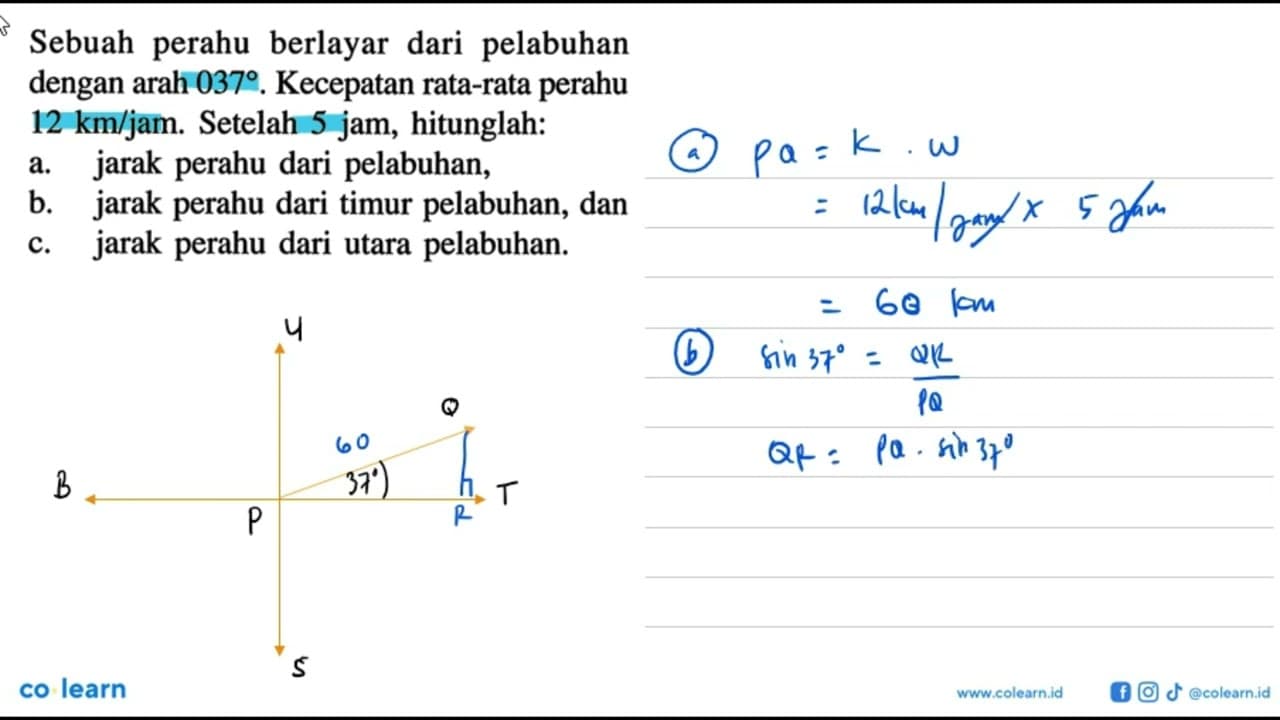 Sebuah perahu berlayar dari pelabuhan dengan arah 037.