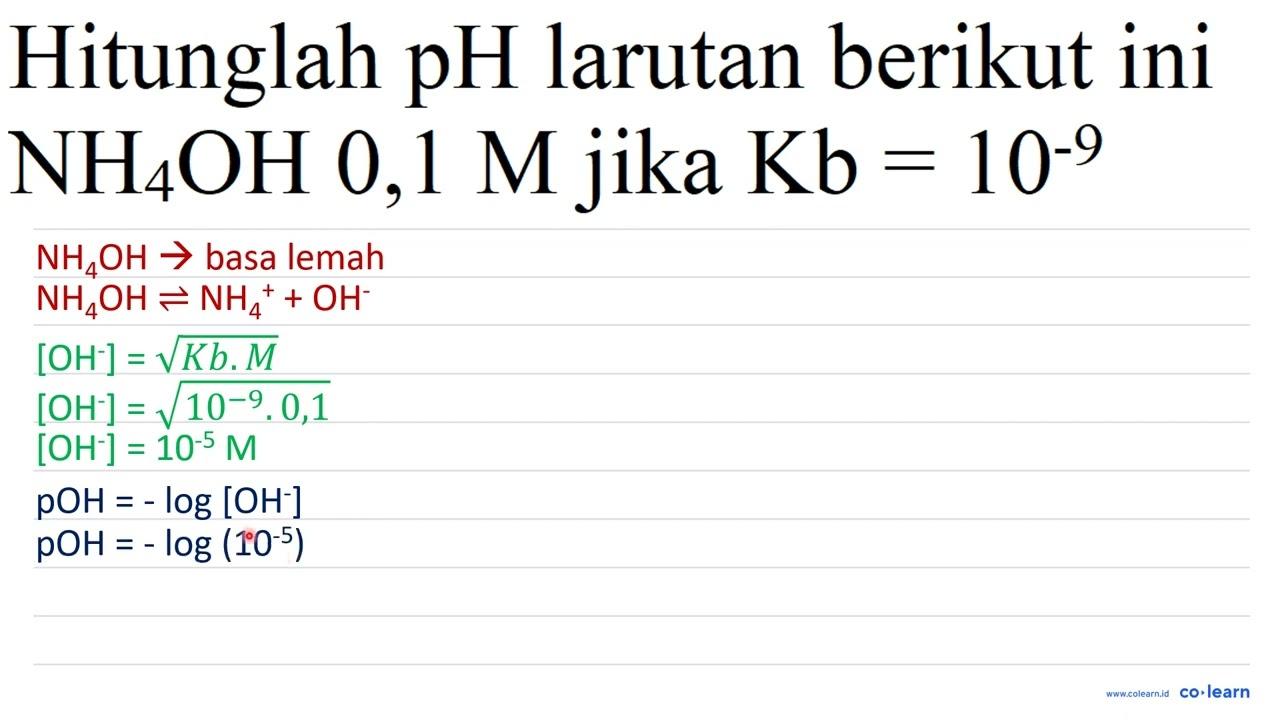 Hitunglah pH larutan berikut ini NH4 OH 0,1 M jika