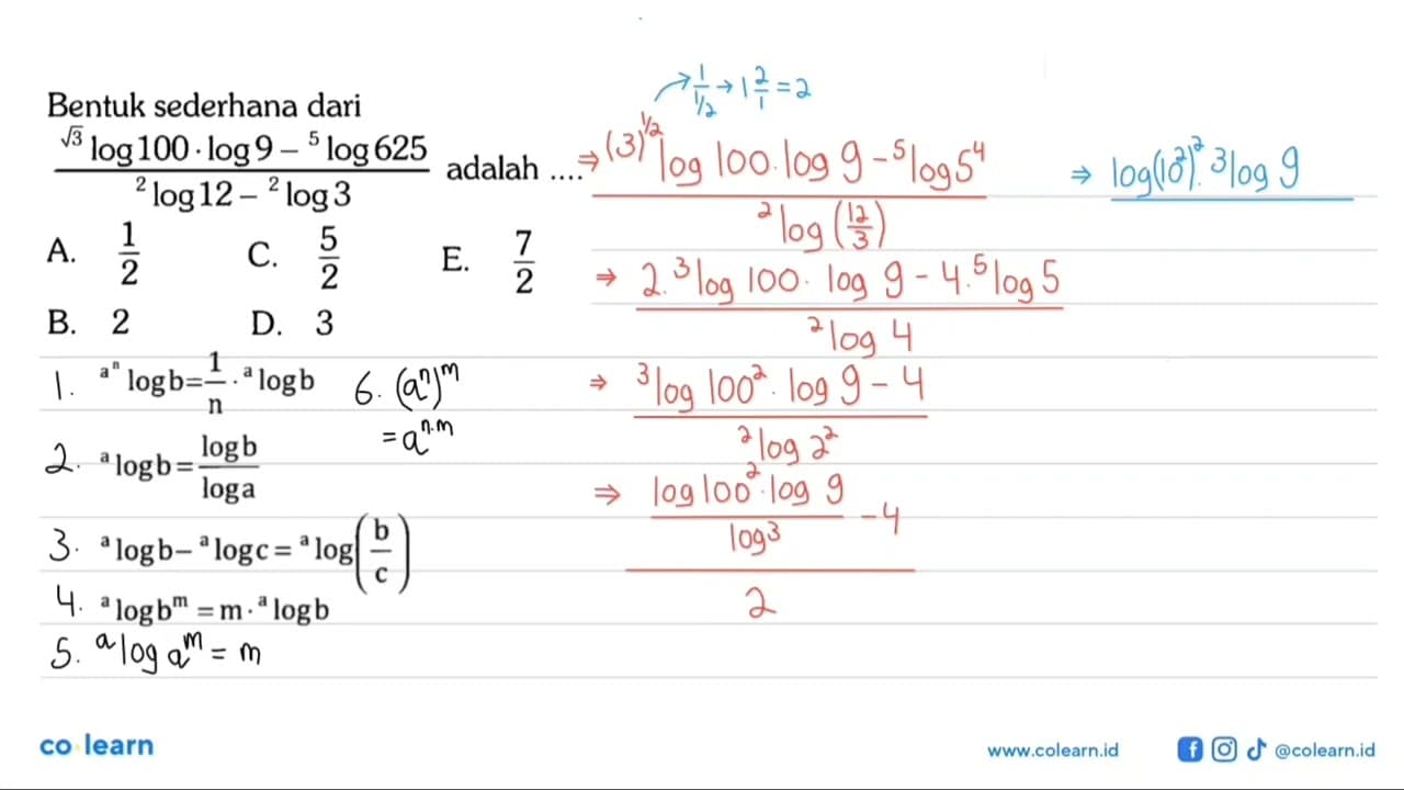 Bentuk sederhana dari (akar(3) log 100.log 9-5 log 625)/(2