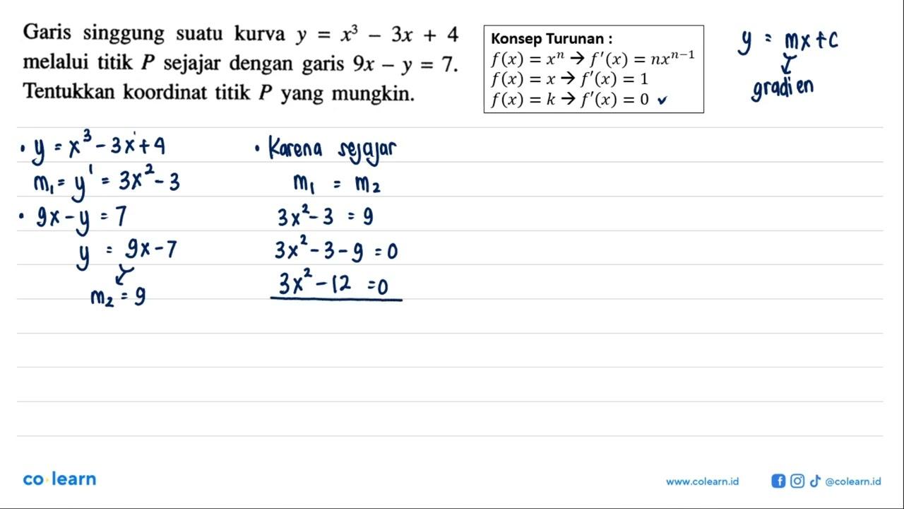 Garis singgung suatu kurva y=x^3-3x+4 melalui titik P