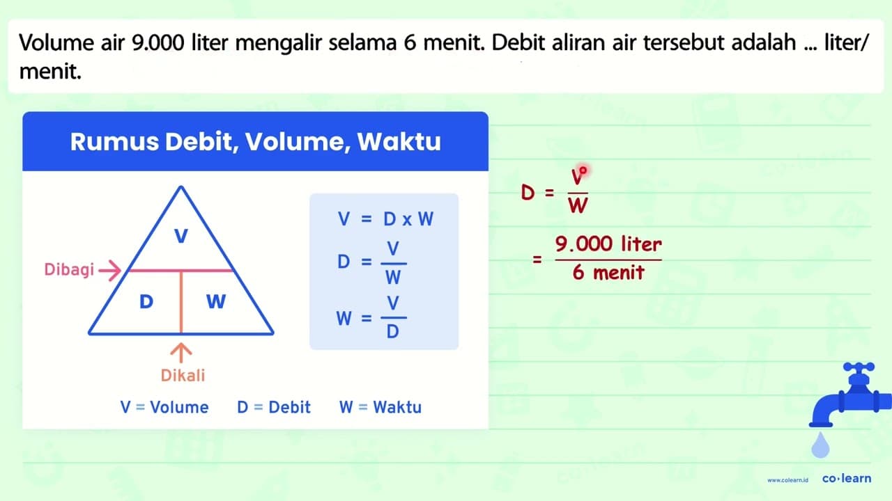 Volume air 9.000 liter mengalir selama 6 menit. Debit