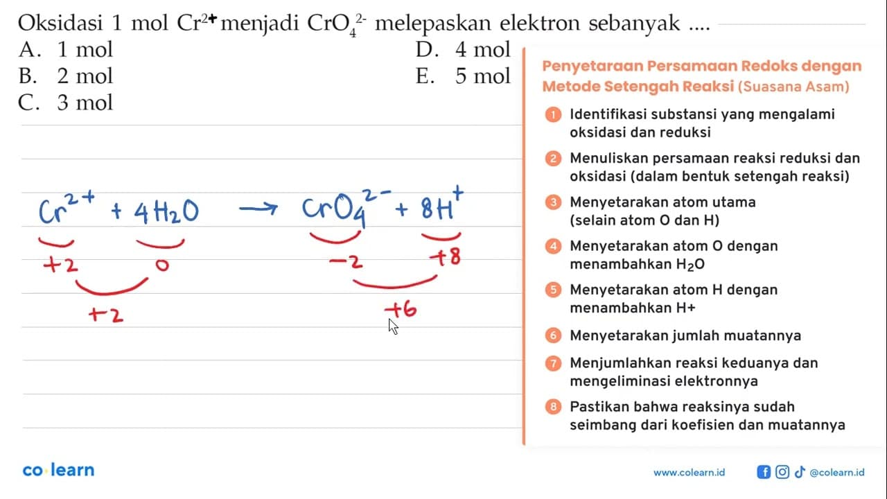 Oksidasi 1 mol Cr^2- menjadi CrO4^2- melepaskan elektron