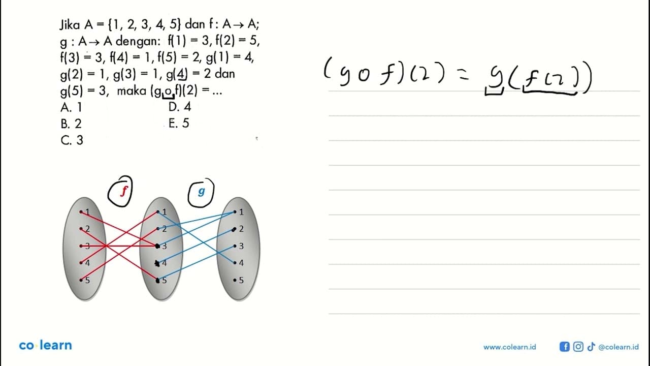 Jika A={1,2,3,4,5} dan f: A ->A ; g:A->A