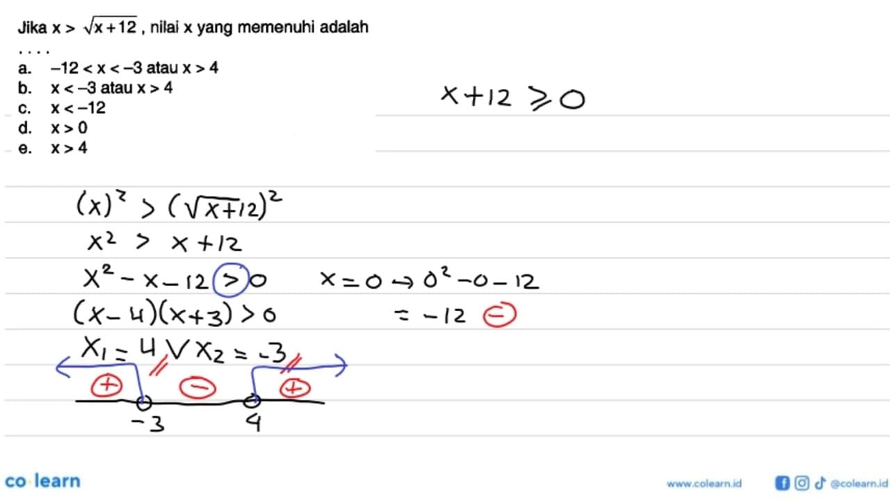 Jika x>akar(x+12), nilai x yang memenuhi adalah ....