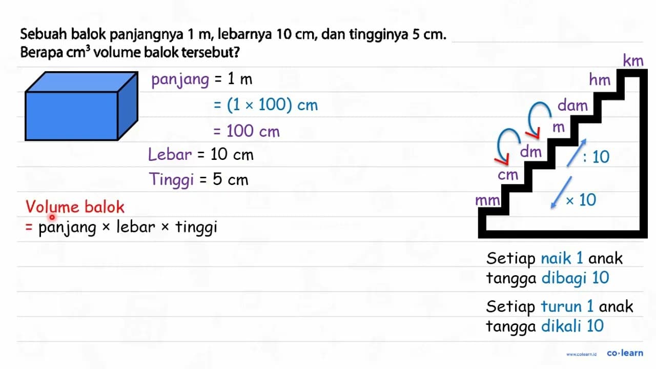 Sebuah balok panjangnya 1 m, lebarnya 10 cm, dan tingginya