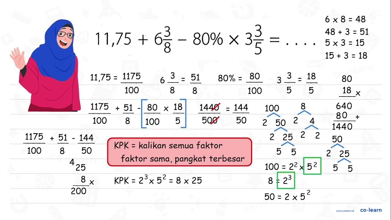 11,75 + 6 3/8 - 80% x 3 3/5=...