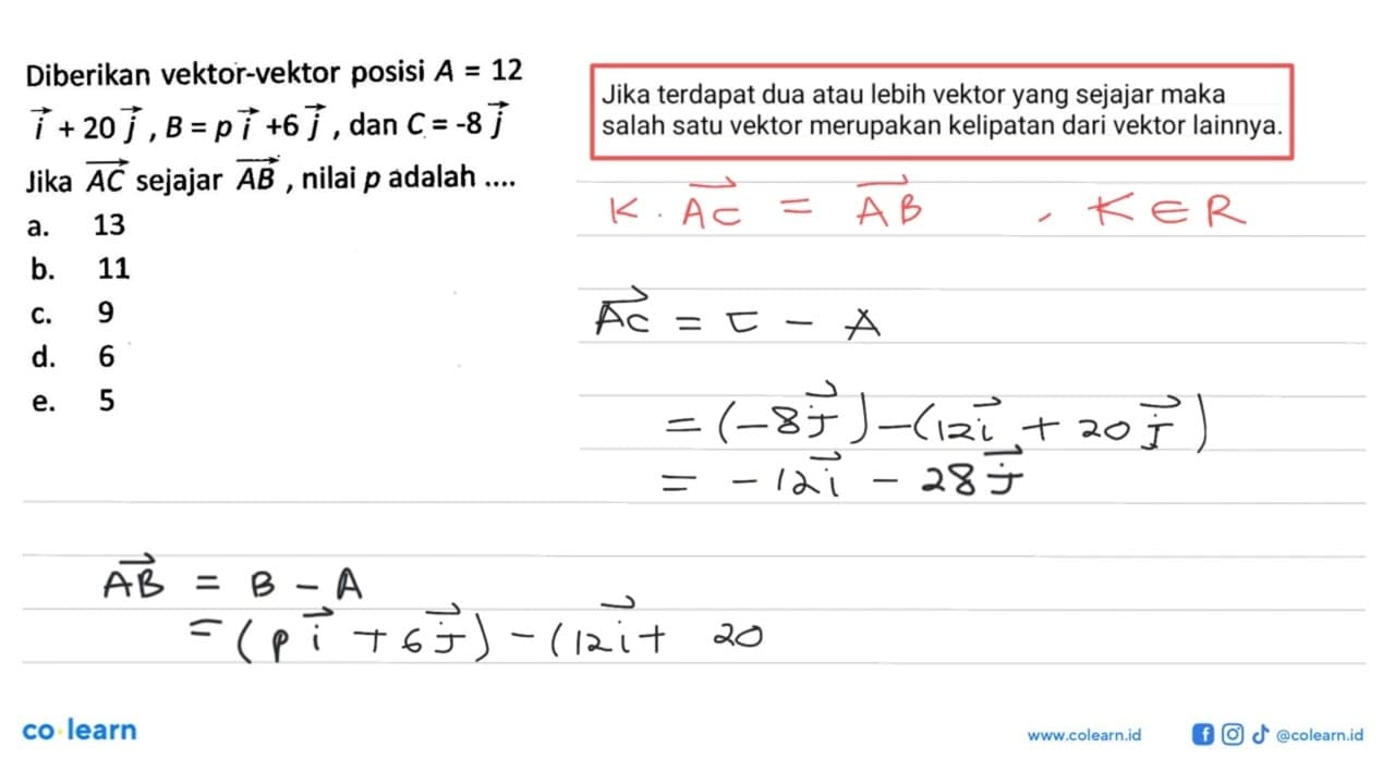 Diberikan vektor-vektor posisi A=12i+20j, B=pi+6j, dan