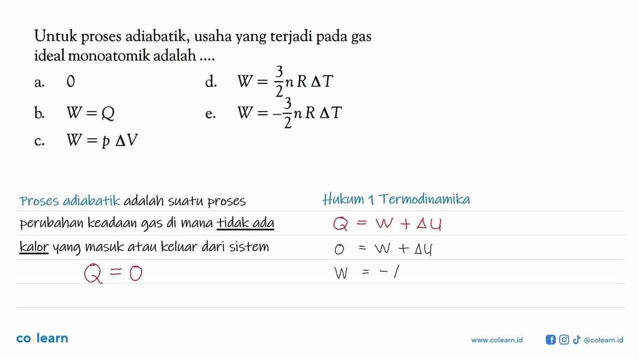 Untuk proses adiabatik, usaha yang terjadi pada gas ideal