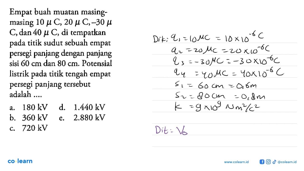 Empat buah muatan masing-masing 10 muC, 20 muC, -30 muC,