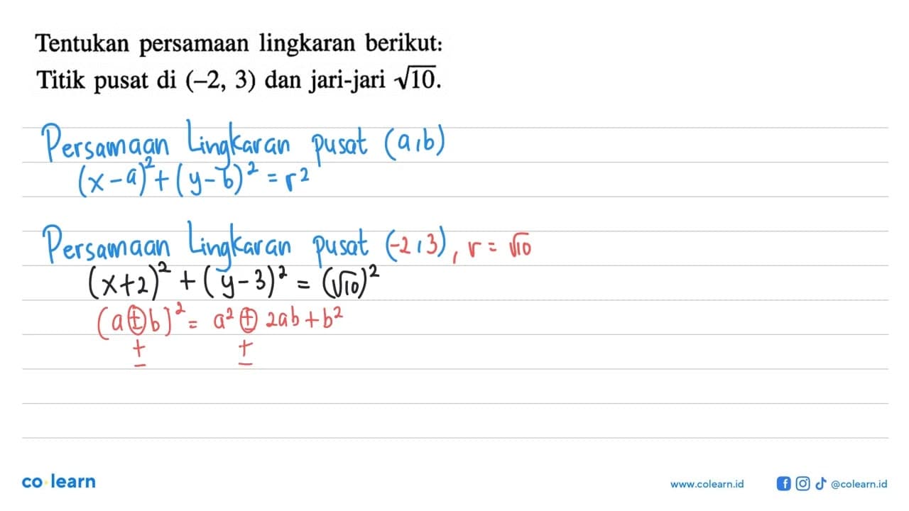 Tentukan persamaan lingkaran berikut: Titik pusat di (-2,3)