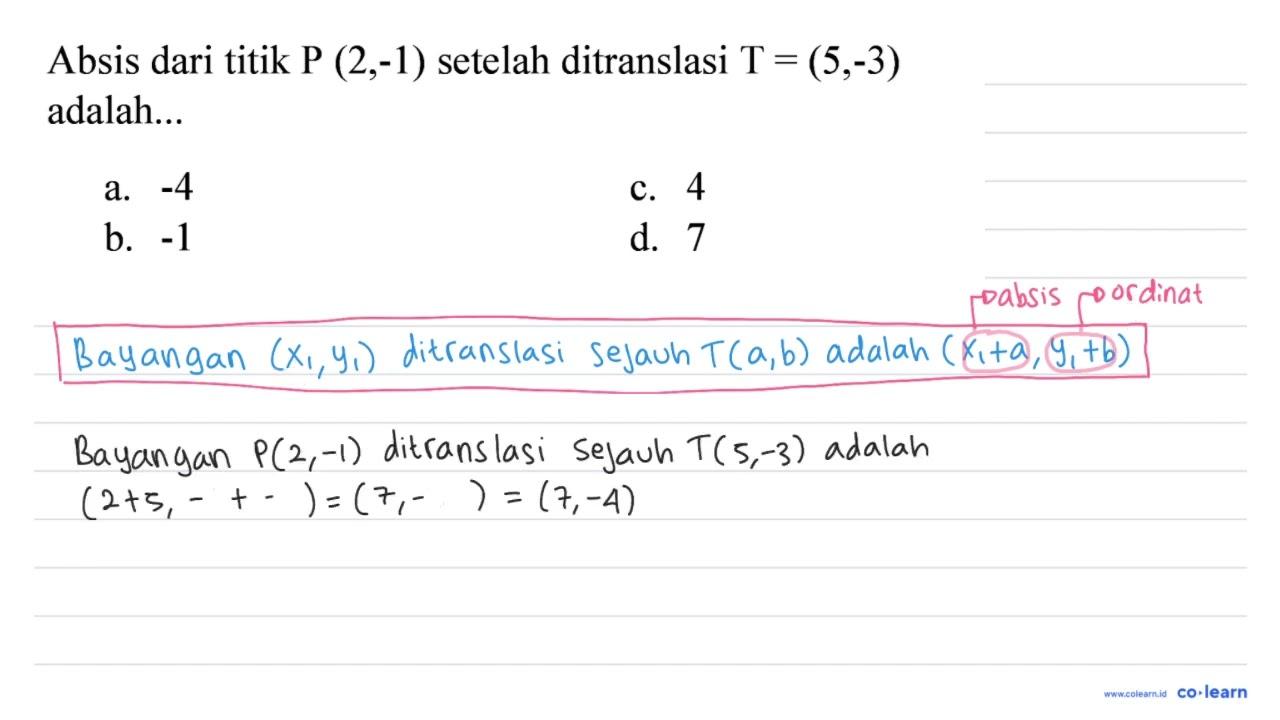 Absis dari titik P(2,-1) setelah ditranslasi T=(5,-3)